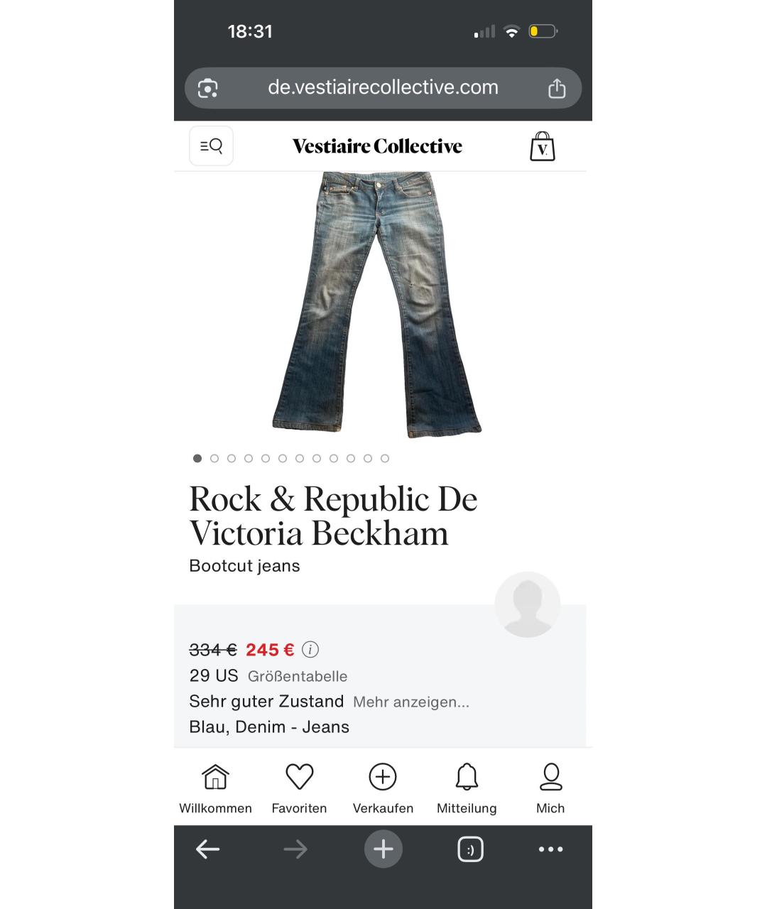 VICTORIA BECKHAM Голубые хлопко-эластановые джинсы клеш, фото 7