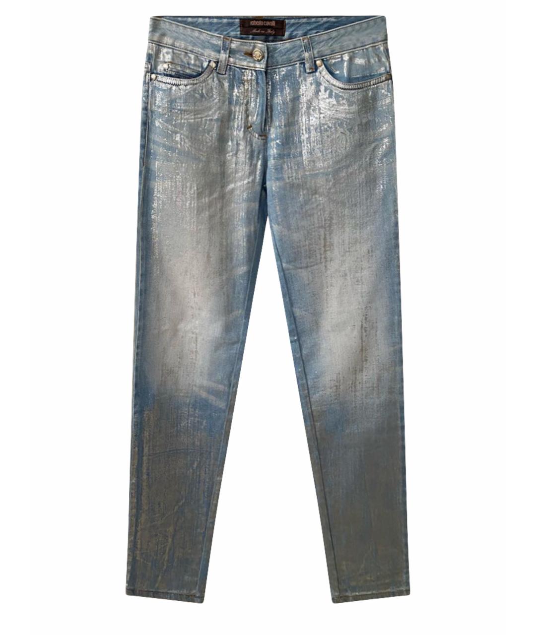 ROBERTO CAVALLI Серебряные хлопко-эластановые прямые джинсы, фото 1