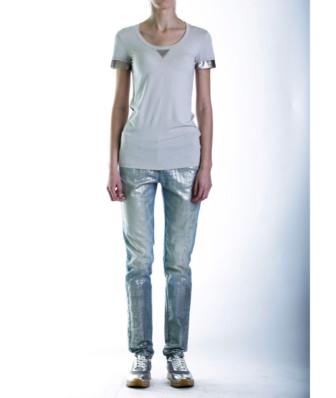 ROBERTO CAVALLI Серебряные хлопко-эластановые прямые джинсы, фото 3