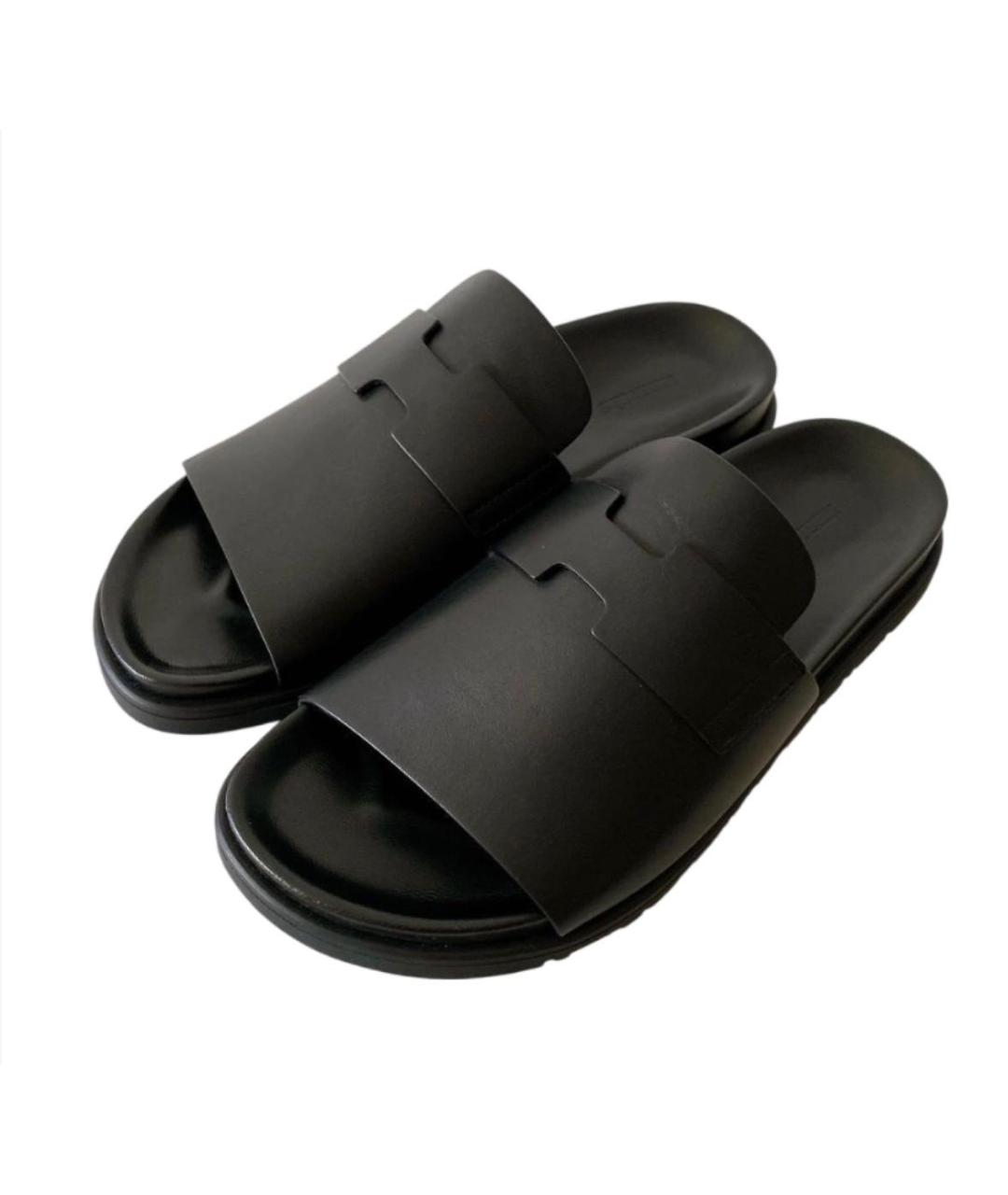 HERMES Черные кожаные шлепанцы, фото 2