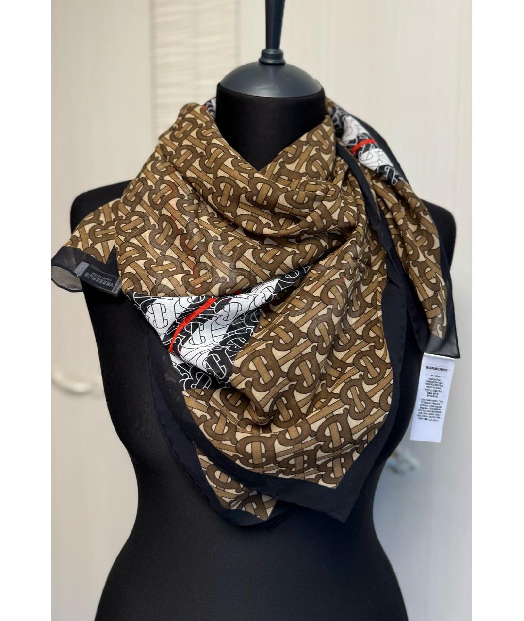 BURBERRY Коричневый шелковый платок, фото 2