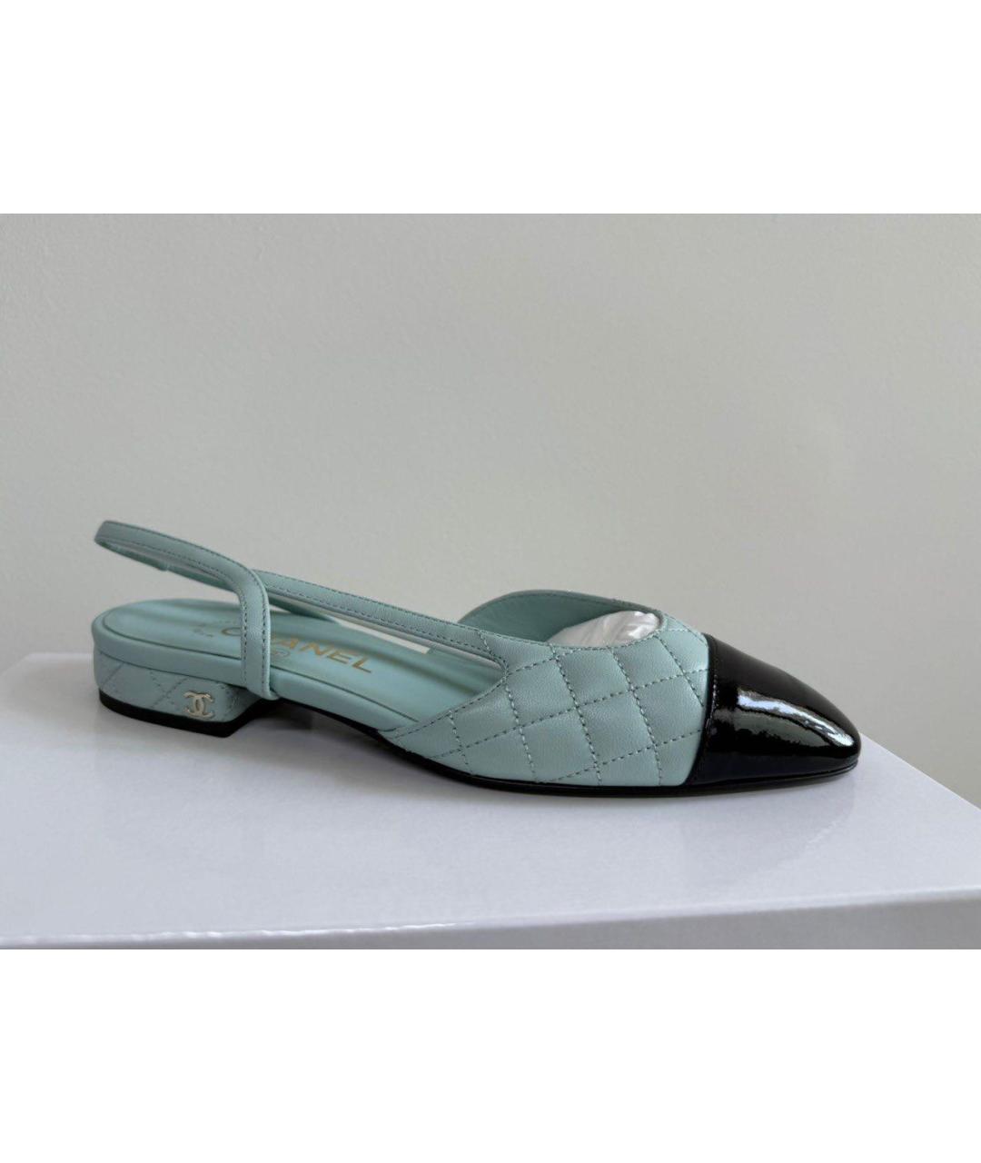 CHANEL Бирюзовые кожаные лодочки на низком каблуке, фото 8