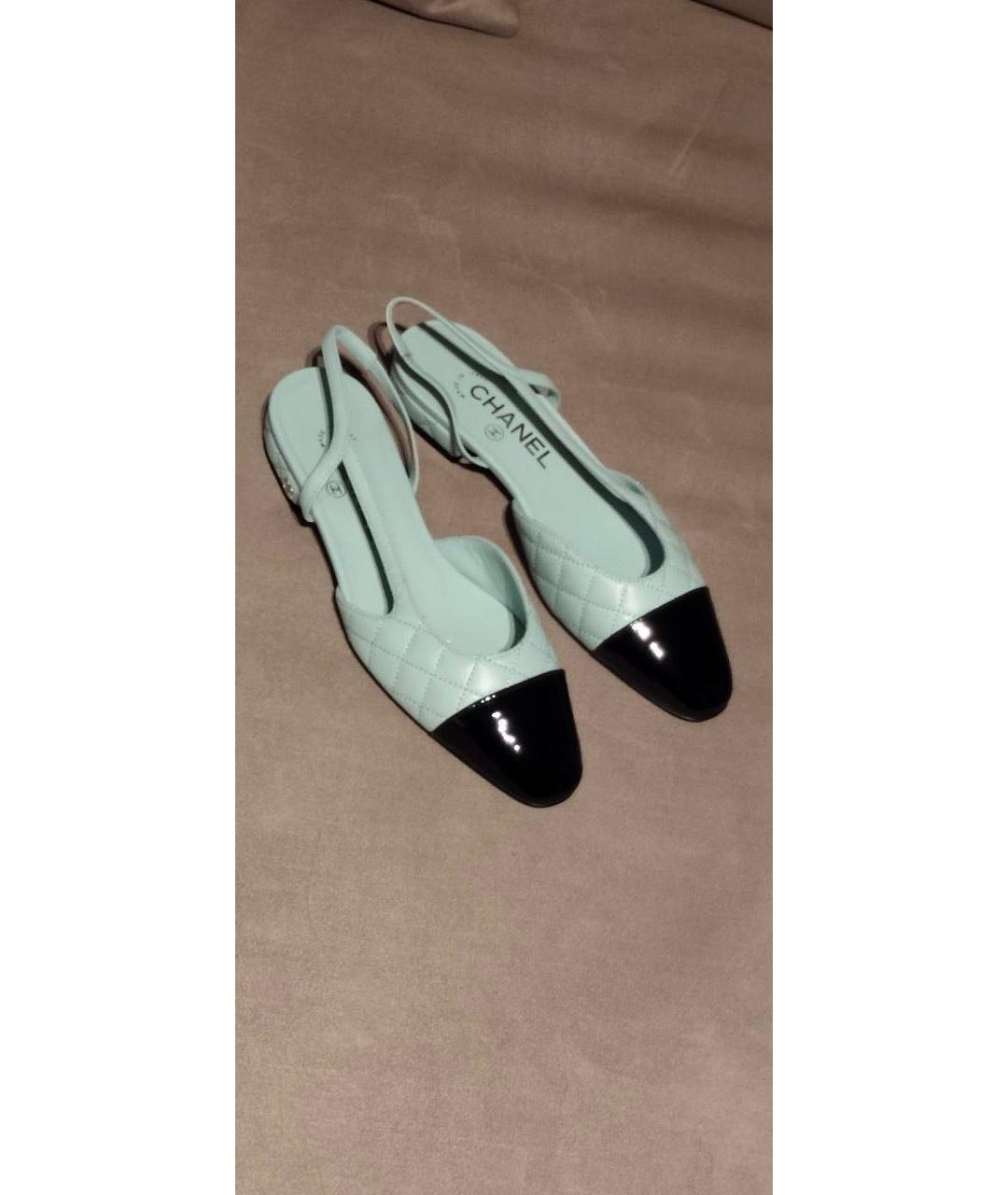 CHANEL Бирюзовые кожаные лодочки на низком каблуке, фото 4