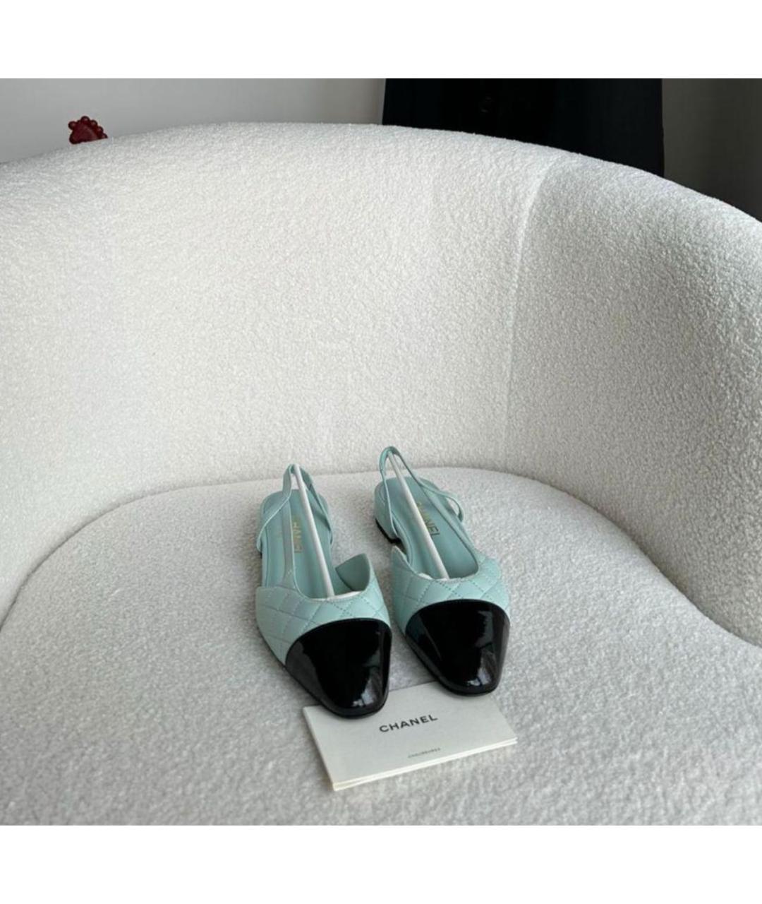 CHANEL Бирюзовые кожаные лодочки на низком каблуке, фото 2