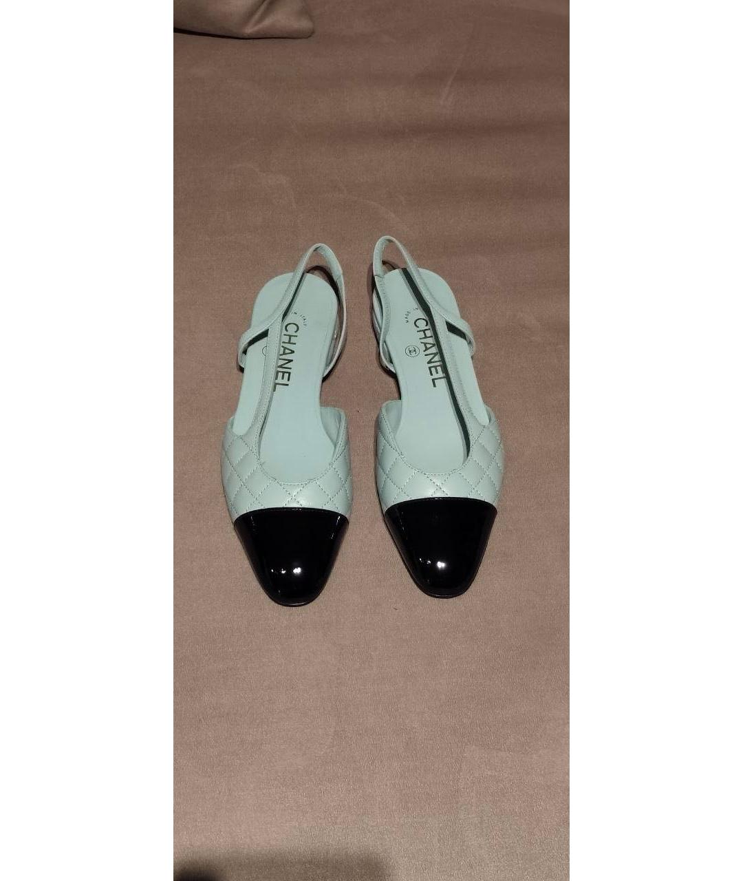 CHANEL Бирюзовые кожаные лодочки на низком каблуке, фото 6