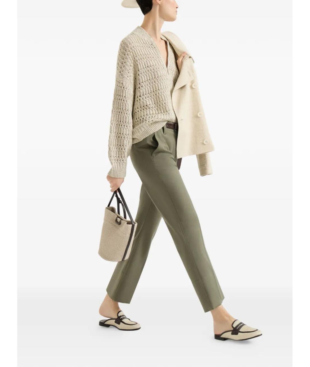 BRUNELLO CUCINELLI Зеленые хлопковые прямые брюки, фото 4