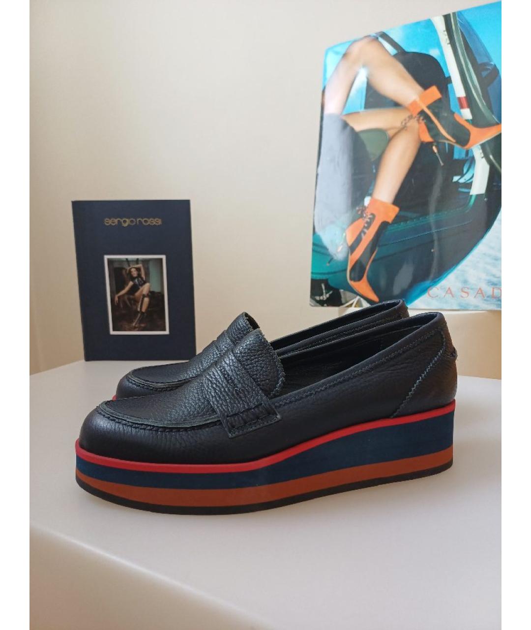 POLLINI Темно-синие кожаные мокасины, фото 5