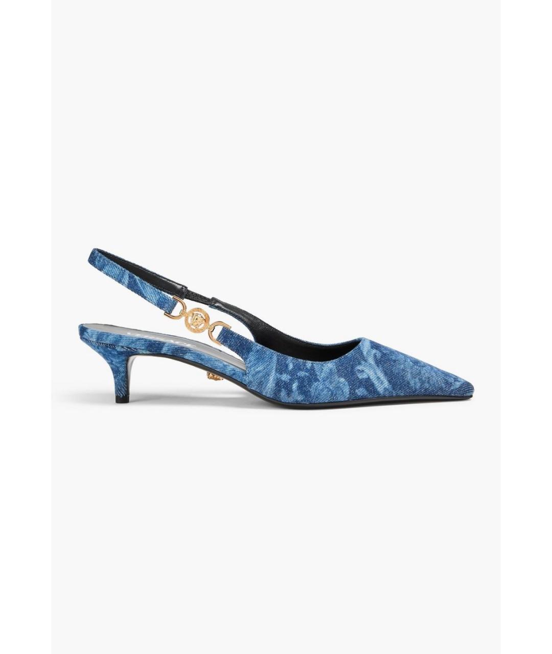 VERSACE Синие текстильные лодочки на низком каблуке, фото 5