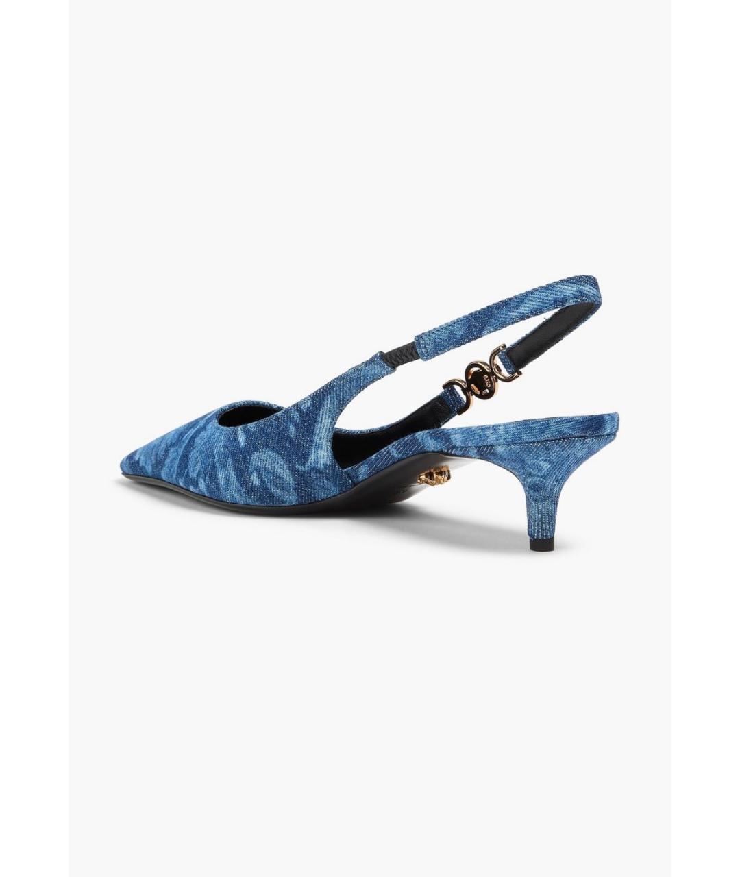 VERSACE Синие текстильные лодочки на низком каблуке, фото 3