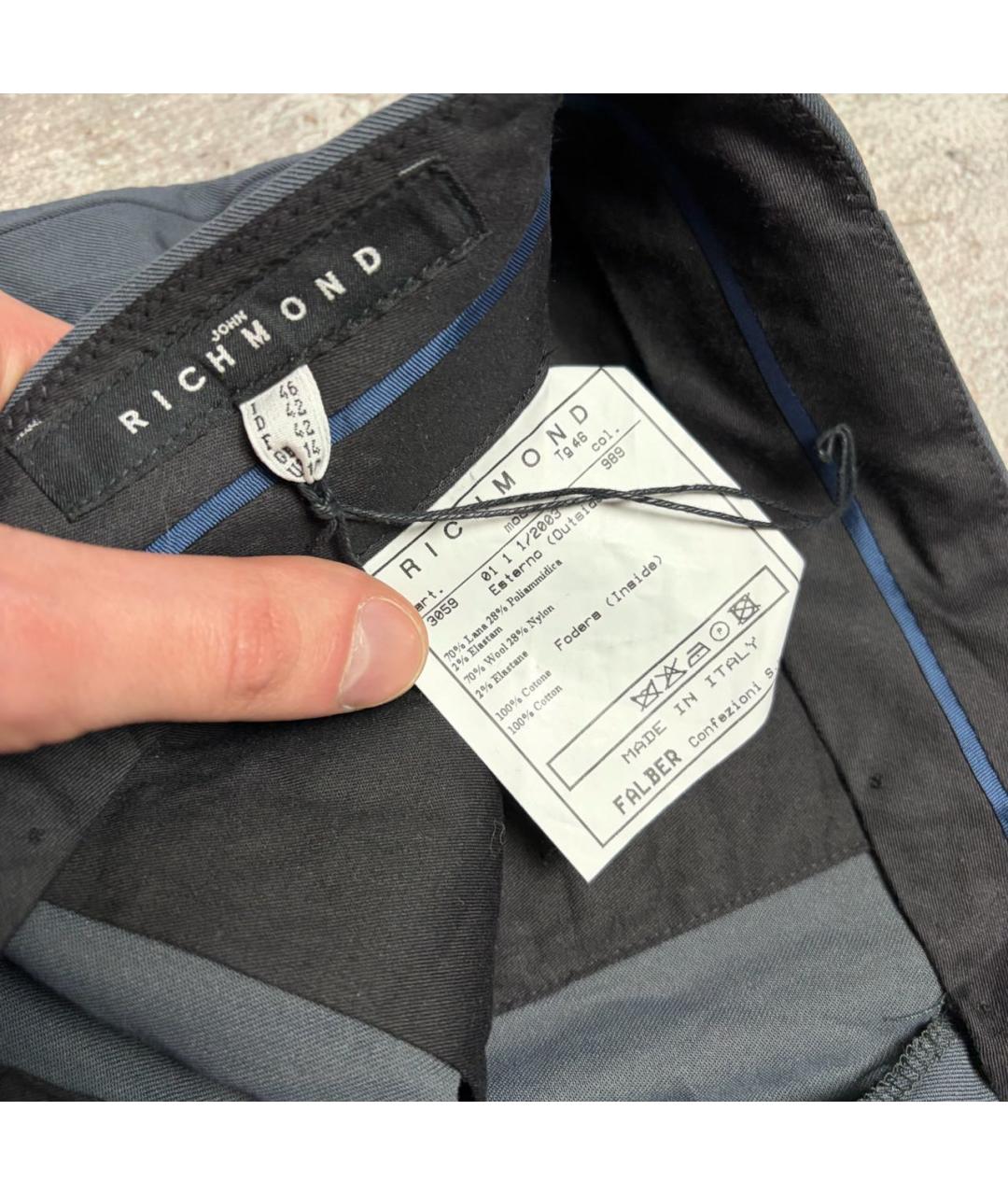 JOHN RICHMOND Антрацитовые шерстяные классические брюки, фото 4