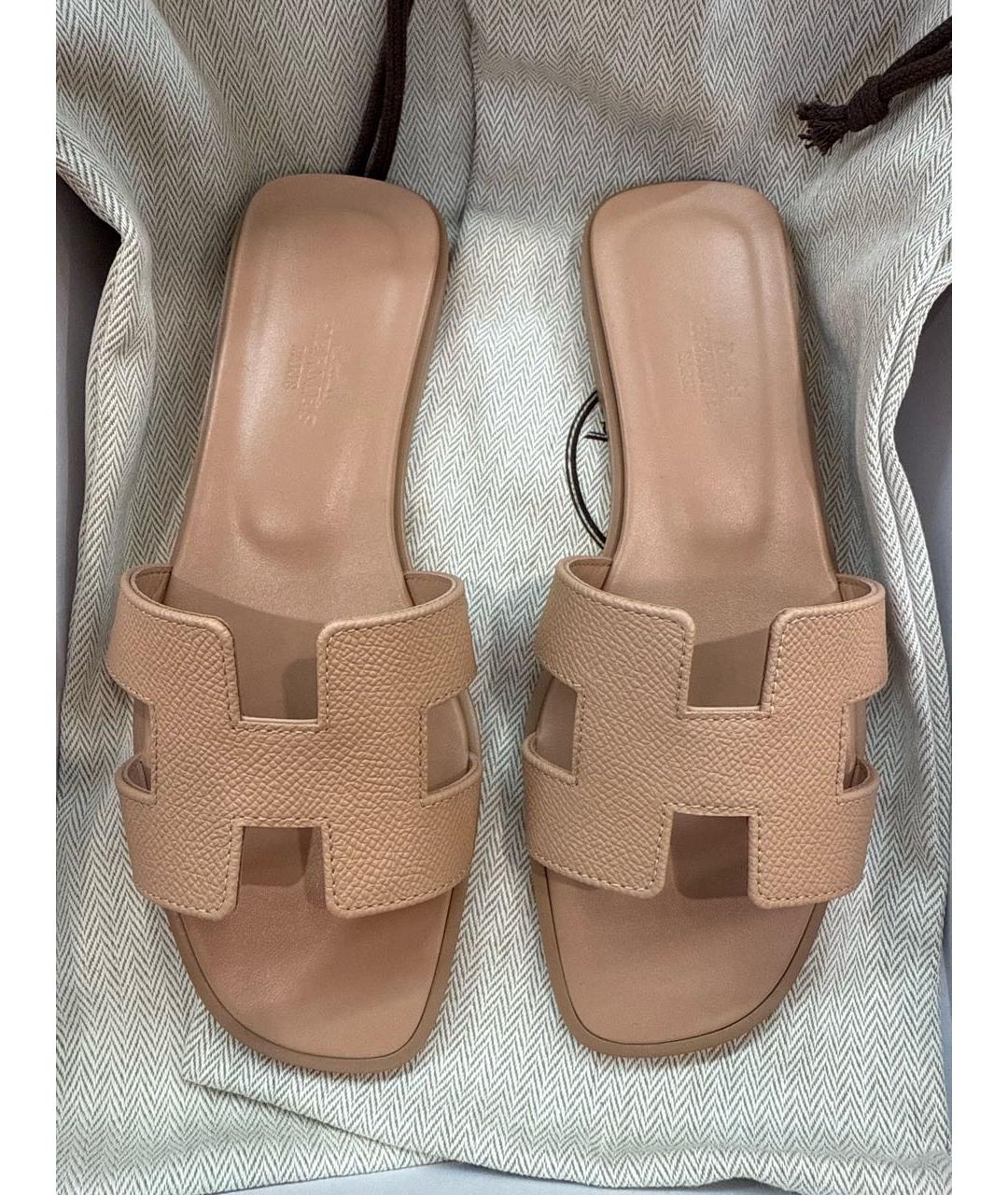 HERMES Бежевые кожаные шлепанцы, фото 3
