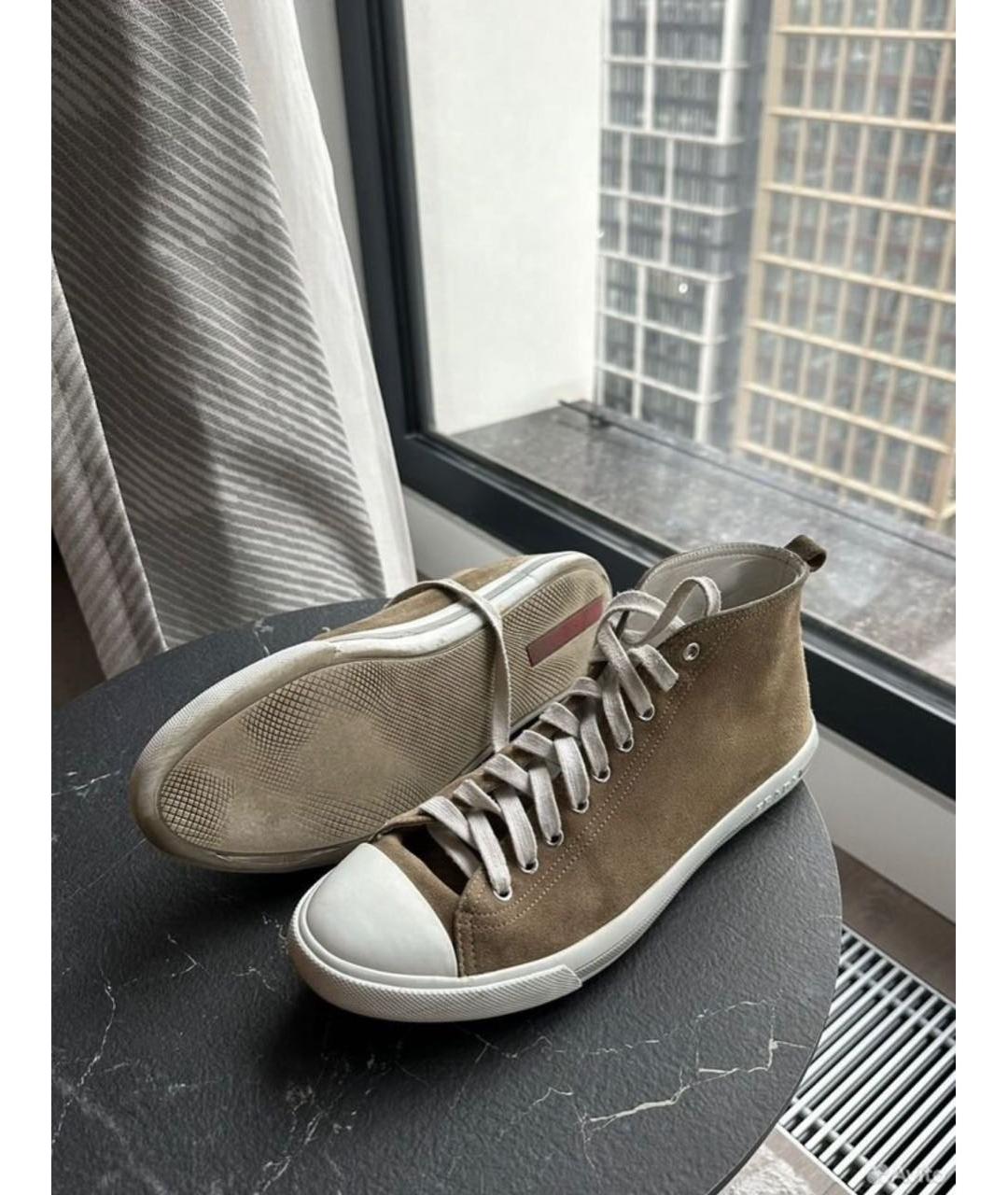 PRADA Бежевые замшевые высокие кроссовки / кеды, фото 4
