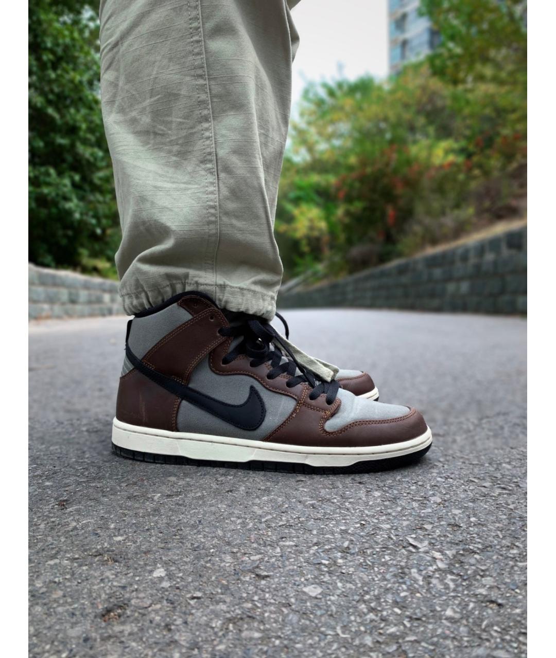 NIKE Коричневые кожаные высокие кроссовки / кеды, фото 5