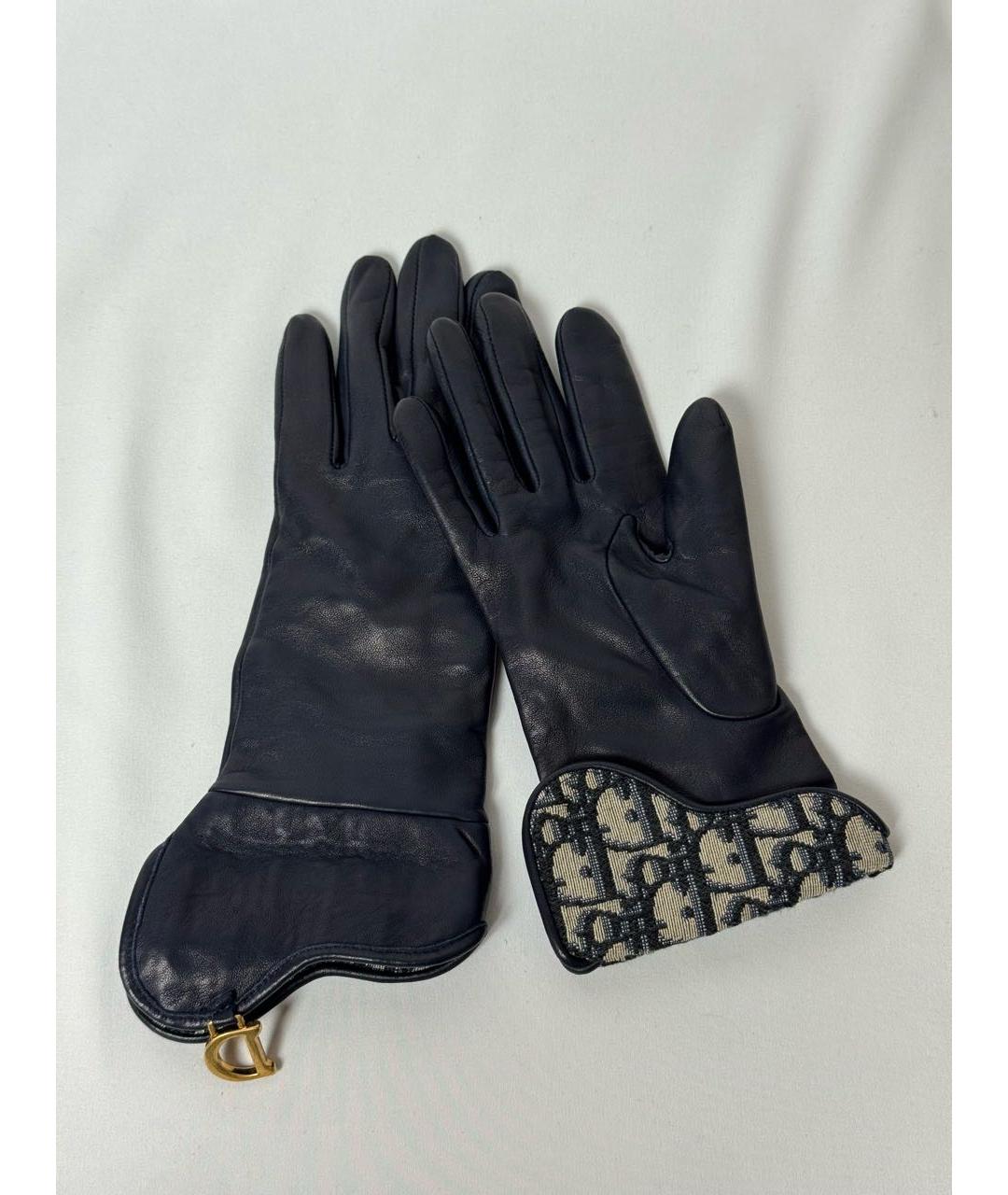 CHRISTIAN DIOR Темно-синие кожаные перчатки, фото 3
