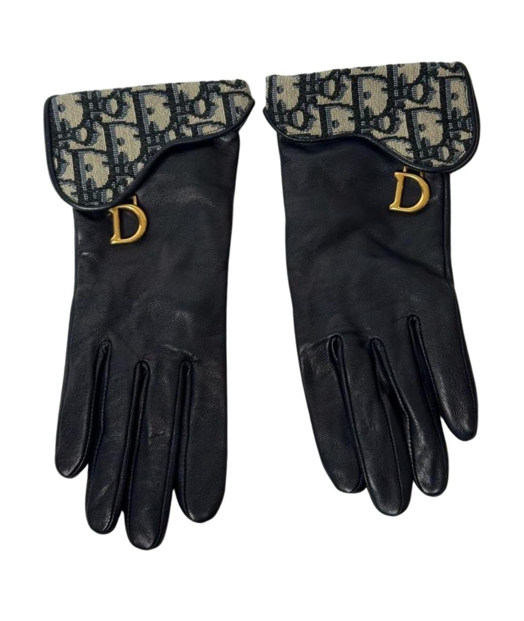 CHRISTIAN DIOR Темно-синие кожаные перчатки, фото 1