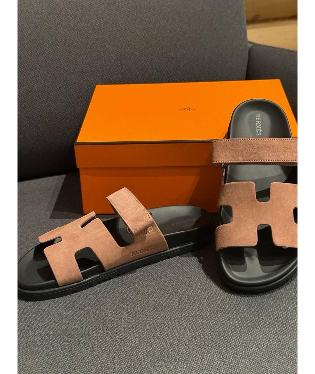 HERMES Розовые замшевые шлепанцы, фото 3