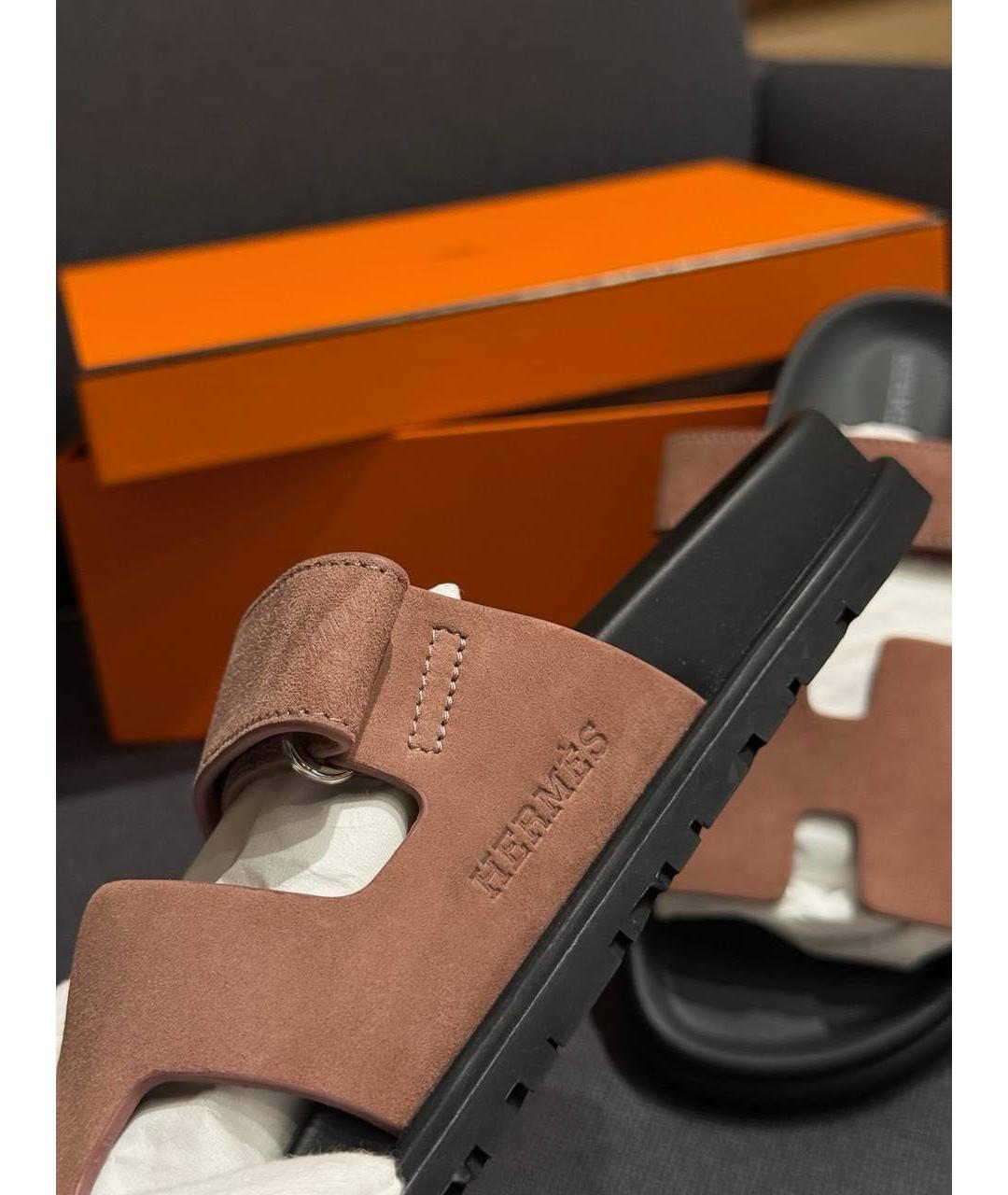 HERMES Розовые замшевые шлепанцы, фото 6