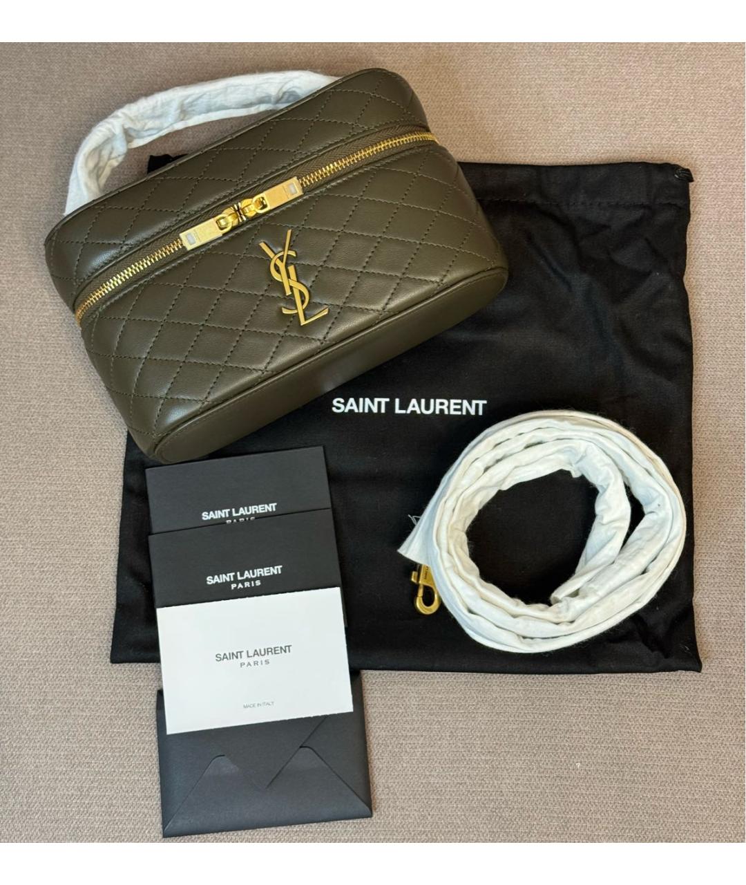 SAINT LAURENT Хаки кожаная сумка с короткими ручками, фото 8