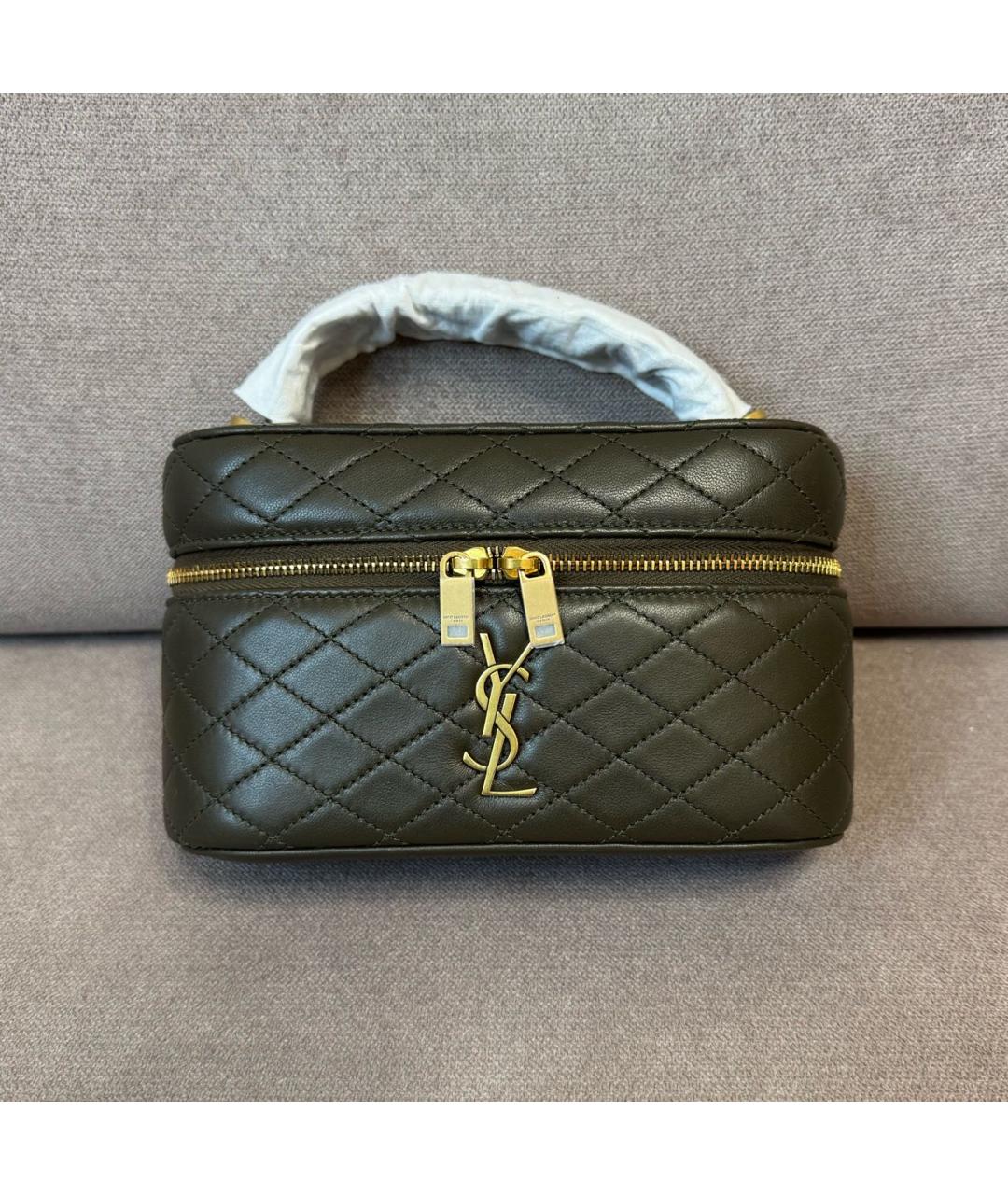 SAINT LAURENT Хаки кожаная сумка с короткими ручками, фото 2