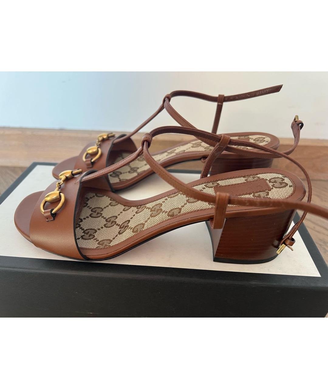 GUCCI Коричневые кожаные босоножки, фото 7