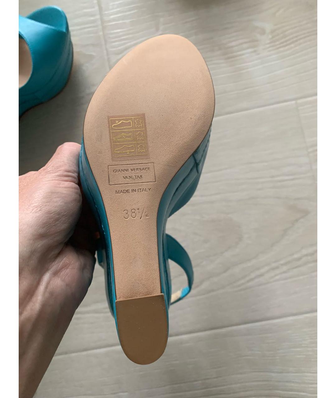 VERSACE Бирюзовые кожаные босоножки, фото 5