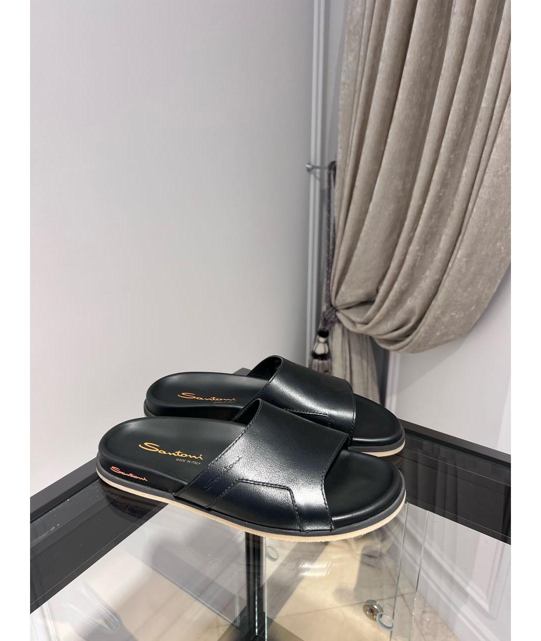 SANTONI Черные кожаные шлепанцы, фото 2