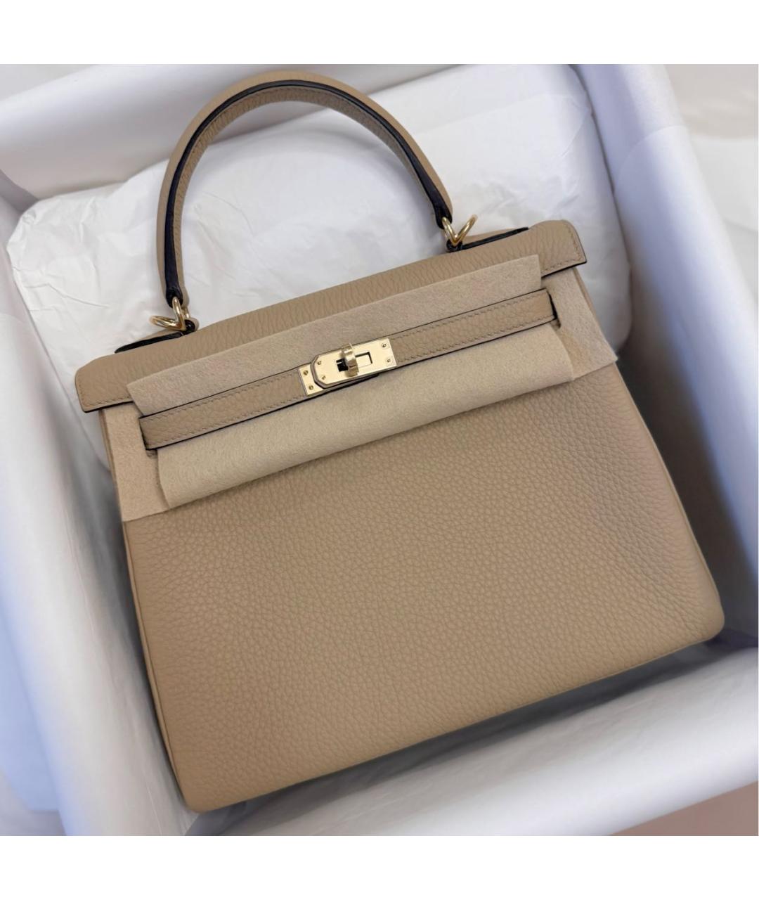 HERMES Бежевая кожаная сумка с короткими ручками, фото 2