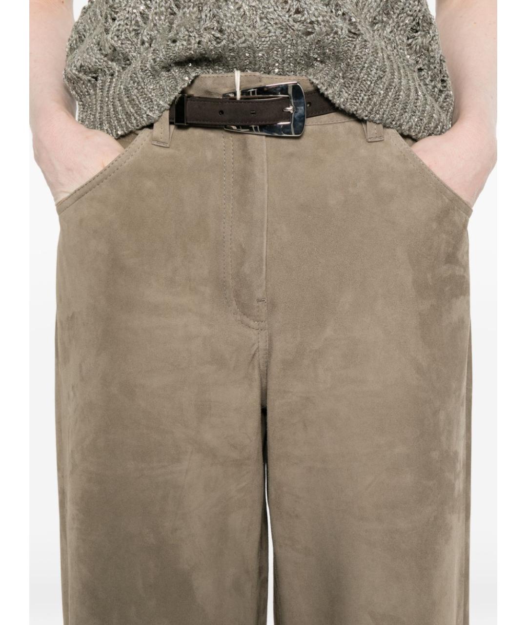 BRUNELLO CUCINELLI Бежевые кожаные брюки широкие, фото 4