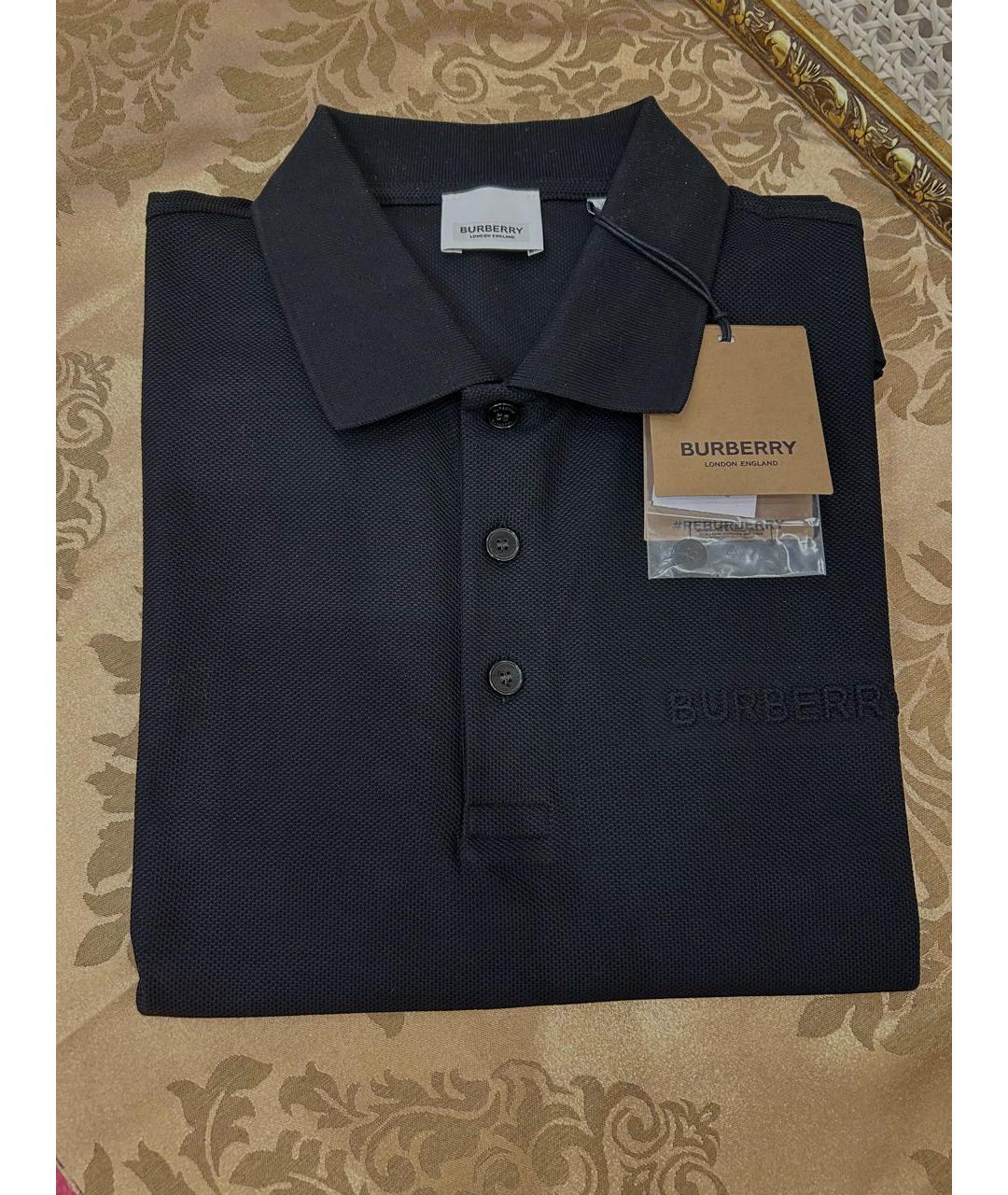 BURBERRY Черное хлопко-эластановое поло с коротким рукавом, фото 2