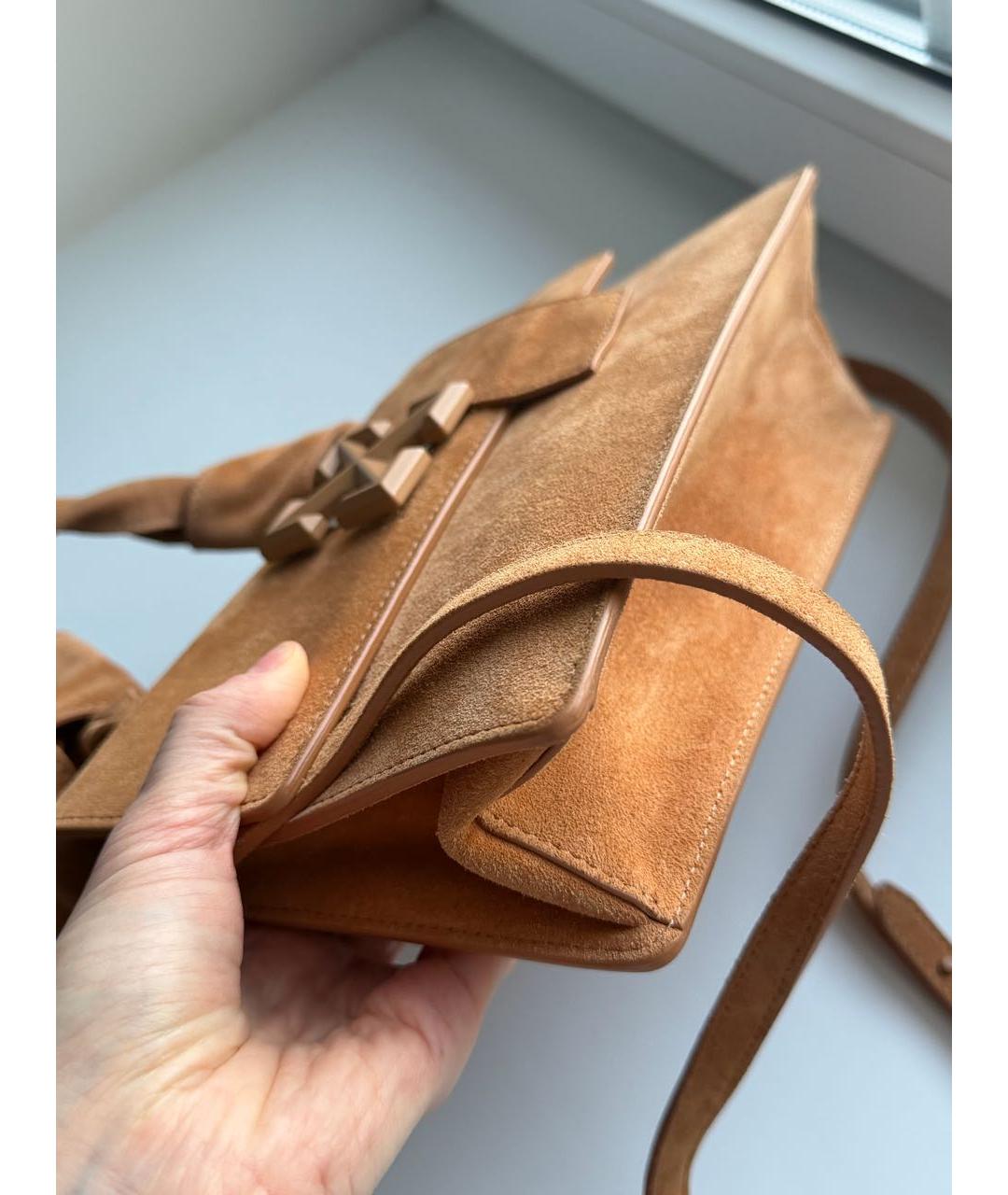 OFF-WHITE Горчичная замшевая сумка с короткими ручками, фото 5