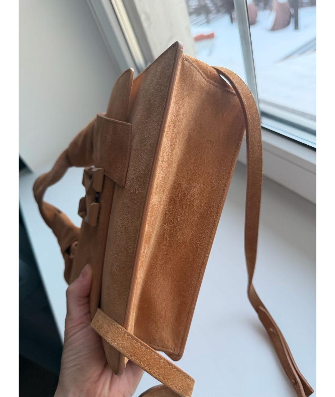 OFF-WHITE Горчичная замшевая сумка с короткими ручками, фото 6