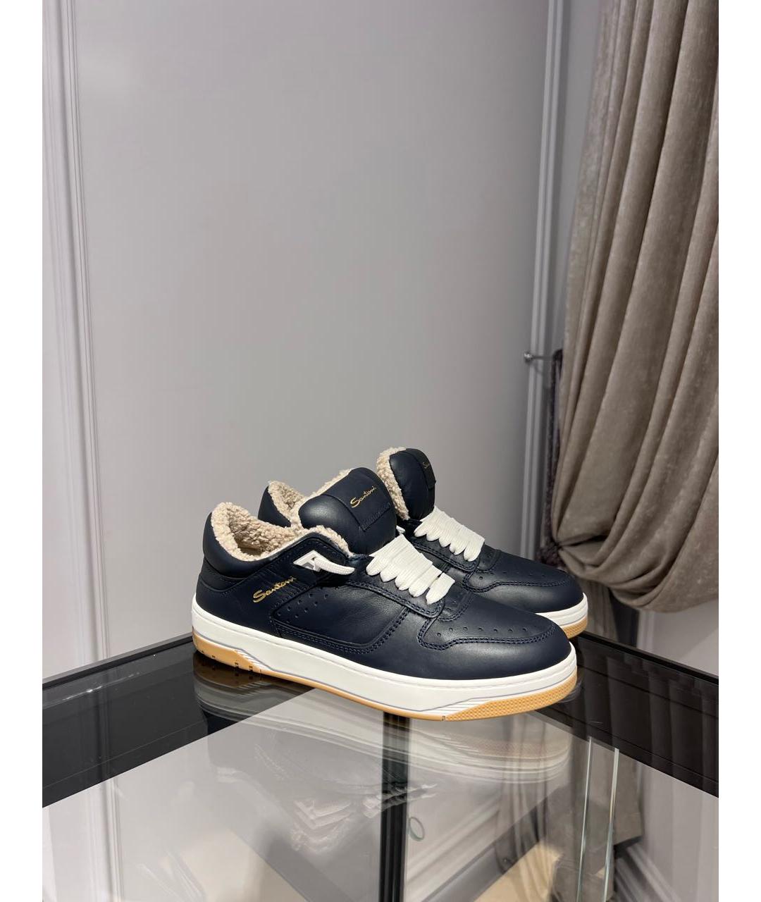 SANTONI Темно-синие кожаные низкие кроссовки / кеды, фото 2