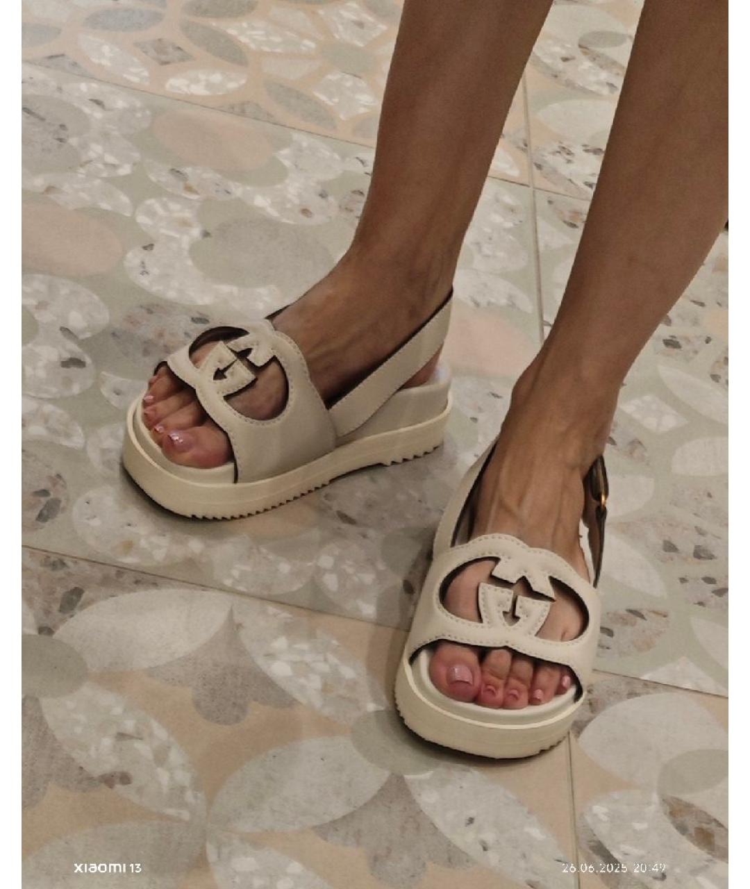 GUCCI Бежевые кожаные сандалии, фото 6