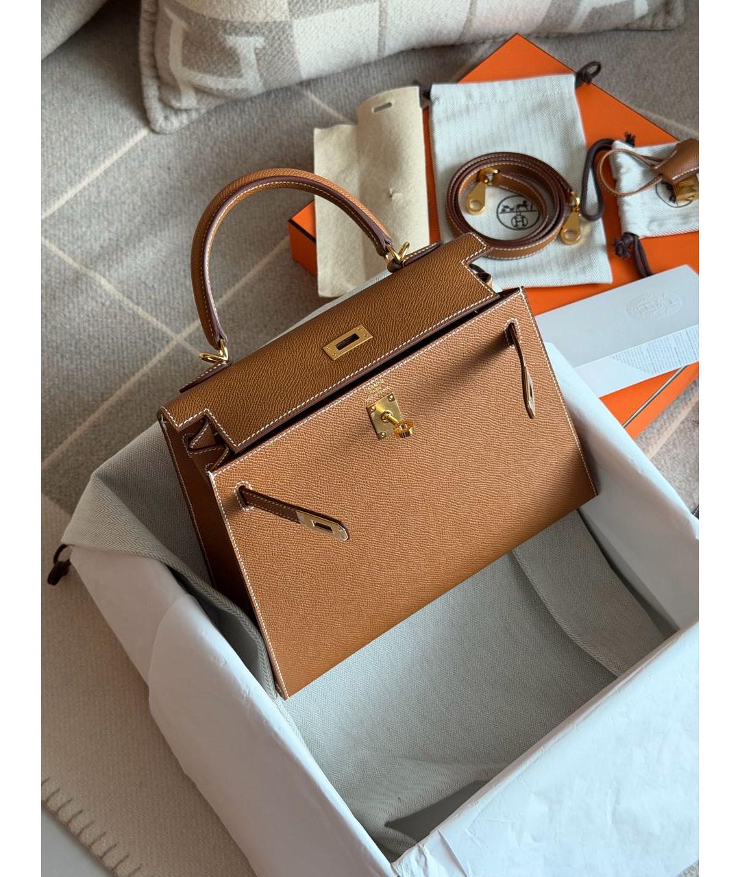 HERMES Коричневая кожаная сумка с короткими ручками, фото 5