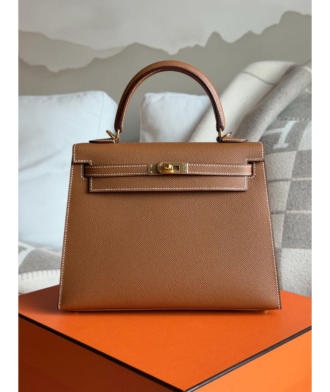 HERMES Коричневая кожаная сумка с короткими ручками, фото 6