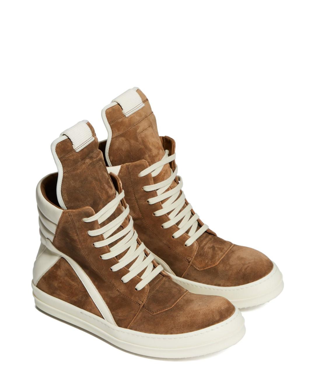 RICK OWENS Коричневые кожаные высокие кроссовки / кеды, фото 2