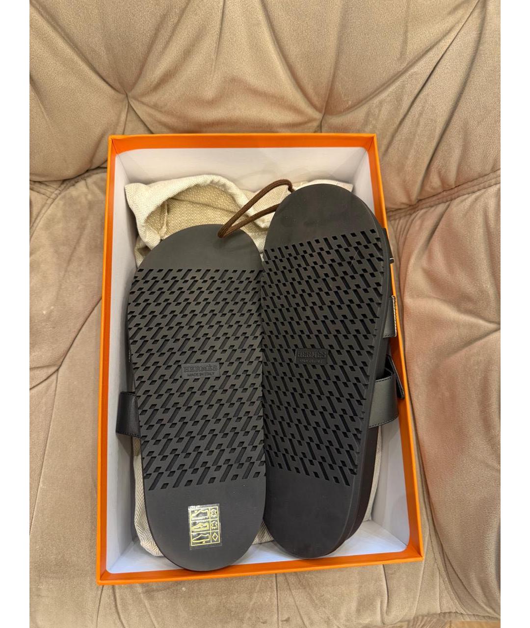 HERMES Черные кожаные шлепанцы, фото 7