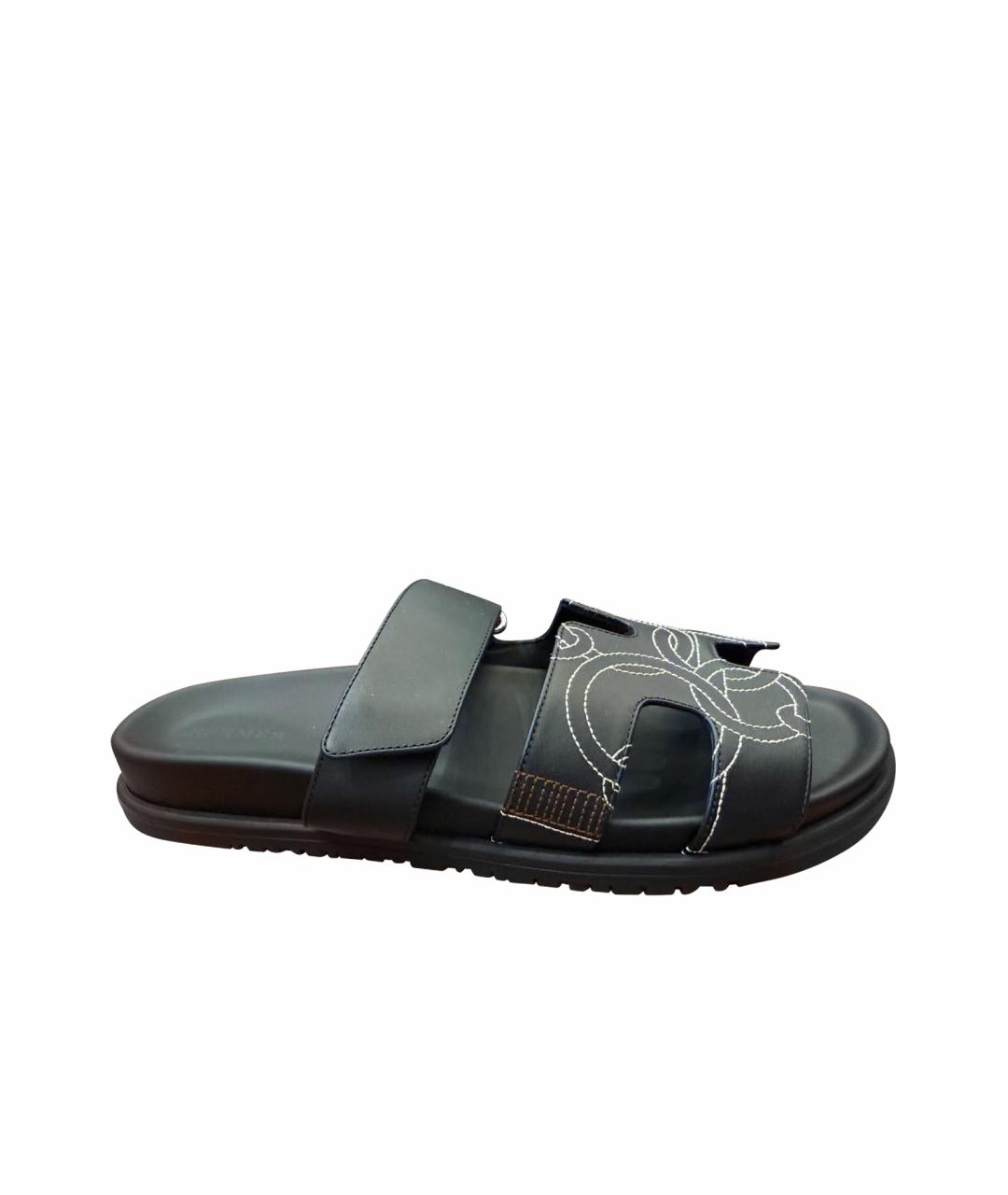 HERMES Черные кожаные шлепанцы, фото 1