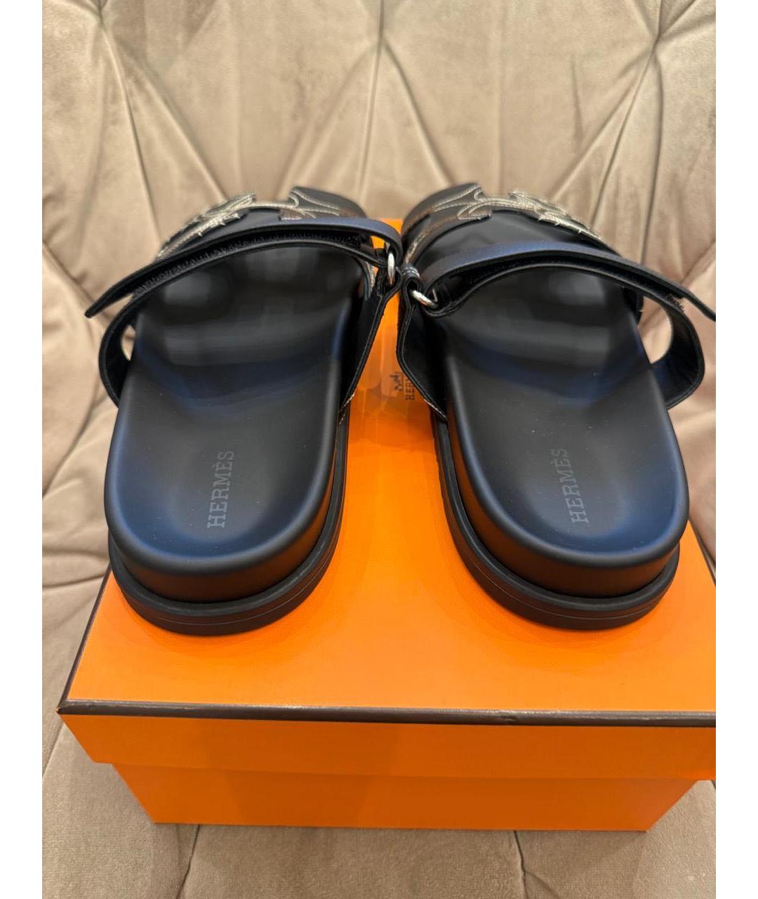 HERMES Черные кожаные шлепанцы, фото 4