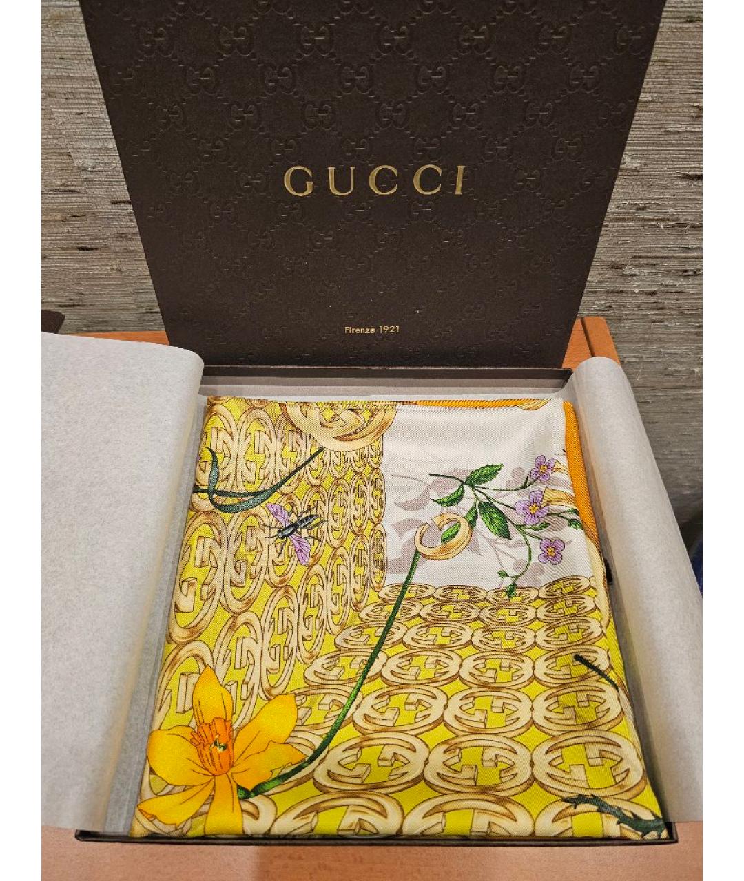 GUCCI Желтый шелковый платок, фото 3