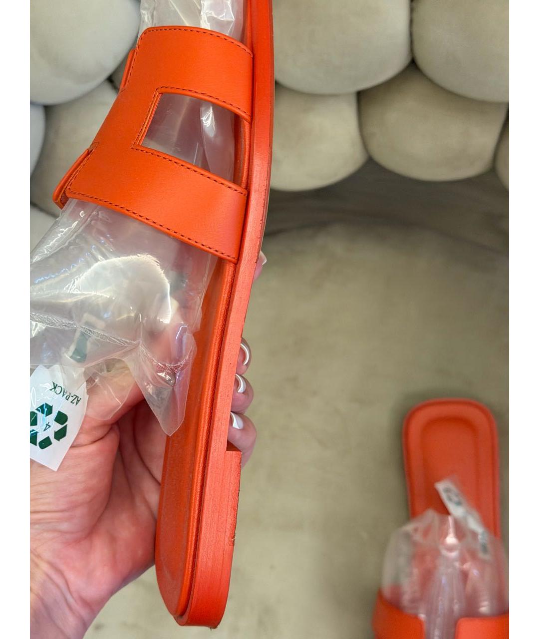 HERMES Оранжевое кожаные шлепанцы, фото 6