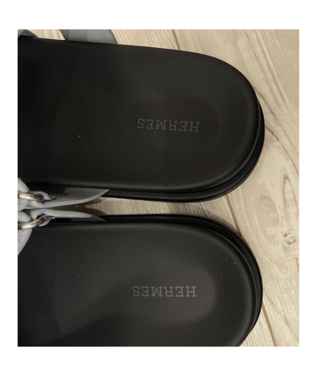 HERMES Голубые кожаные шлепанцы, фото 4