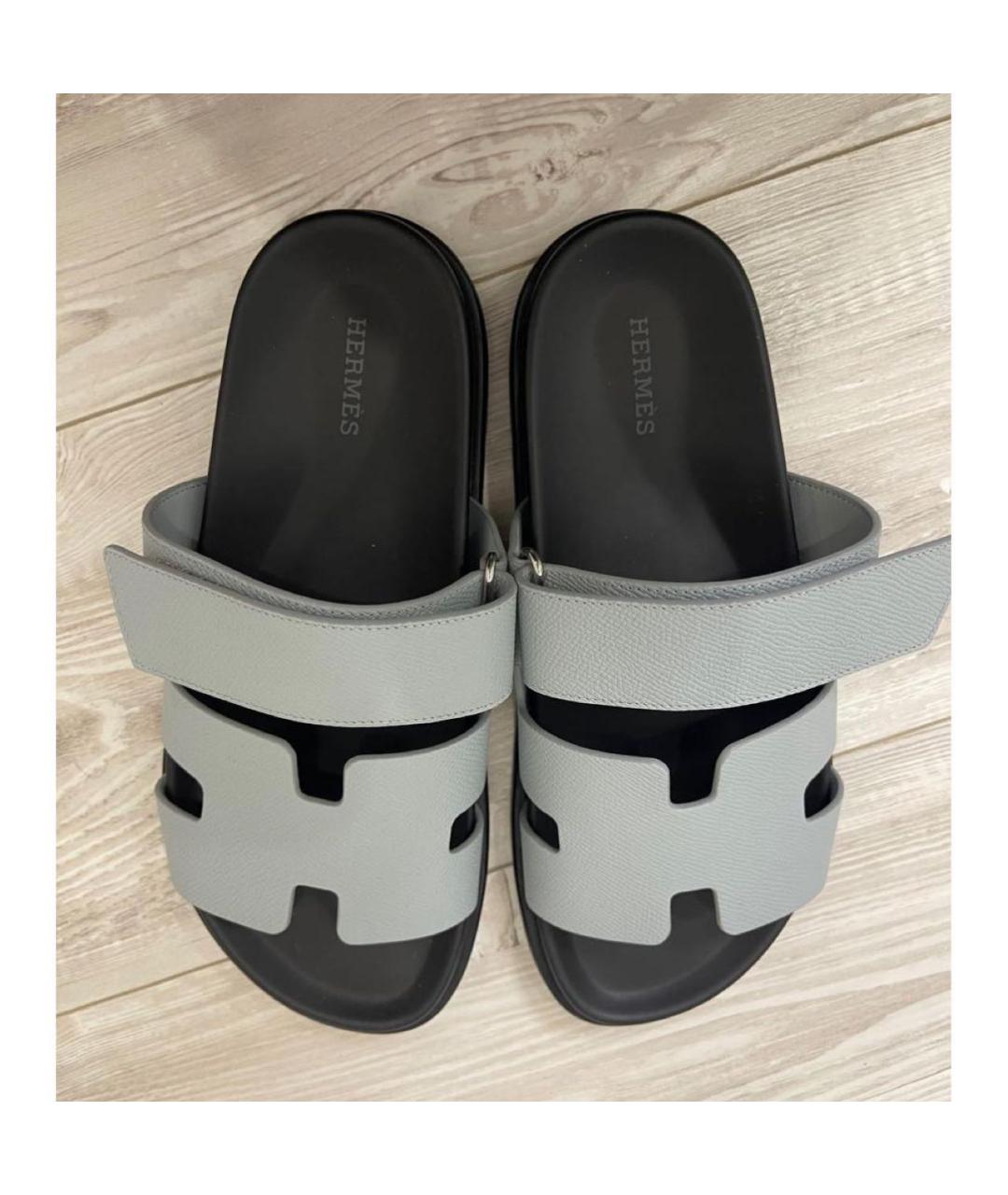 HERMES Голубые кожаные шлепанцы, фото 3