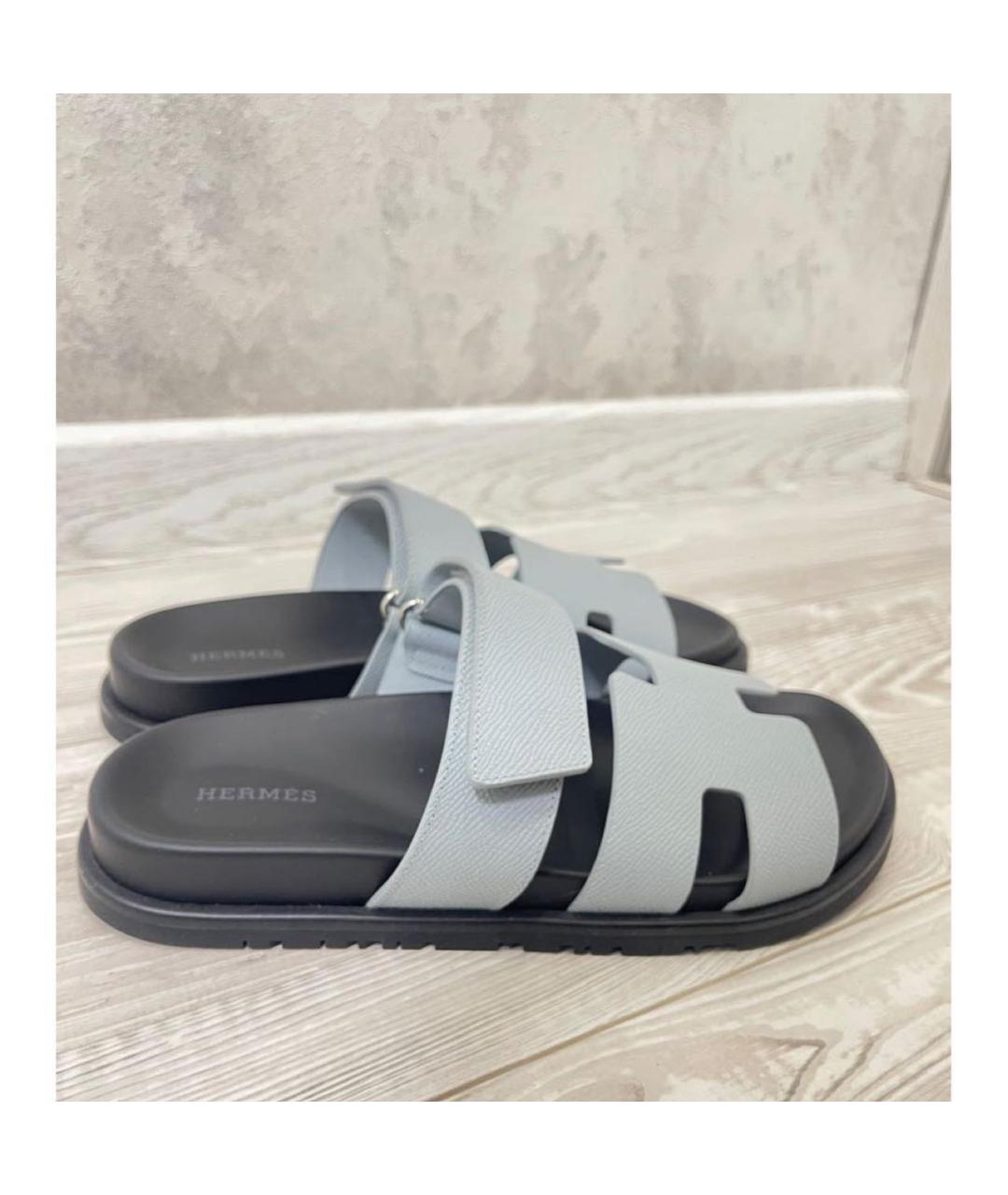 HERMES Голубые кожаные шлепанцы, фото 2