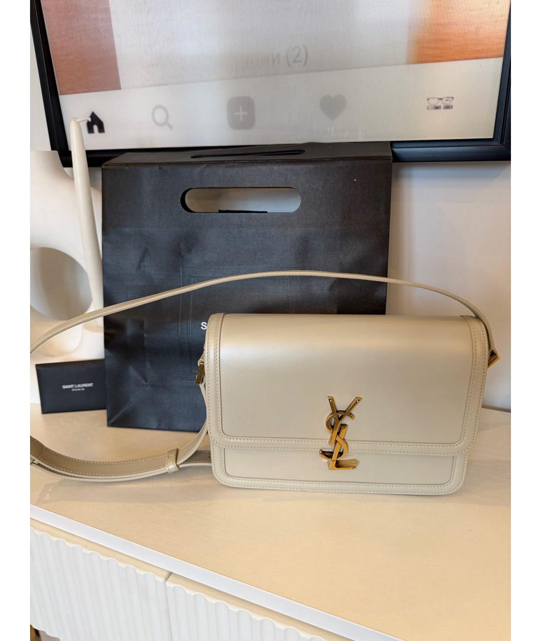 SAINT LAURENT Белая кожаная сумка с короткими ручками, фото 7