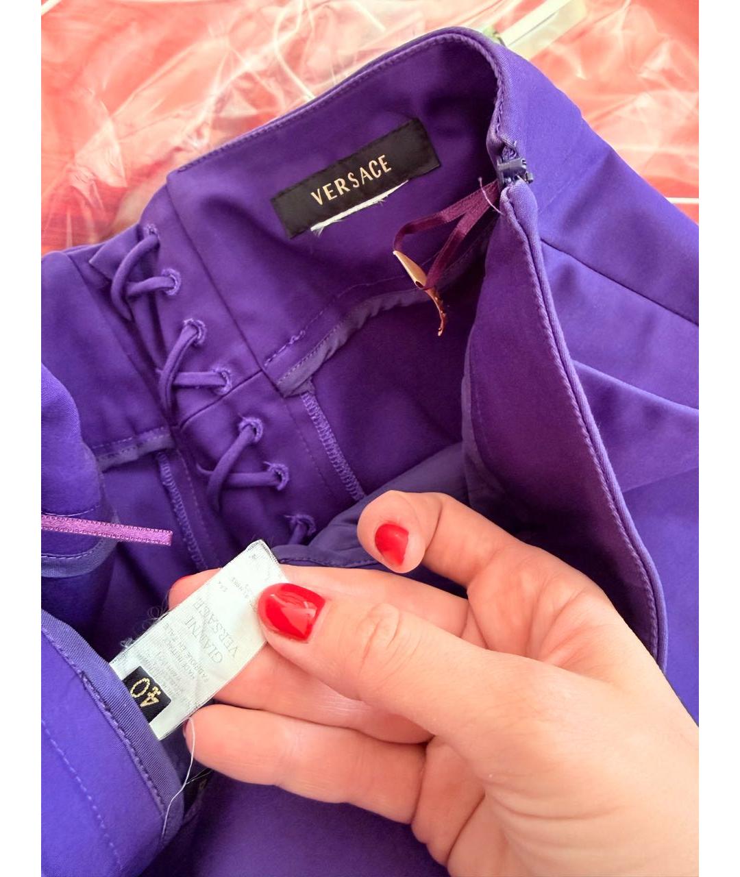 VERSACE Фиолетовые хлопко-эластановые прямые брюки, фото 7