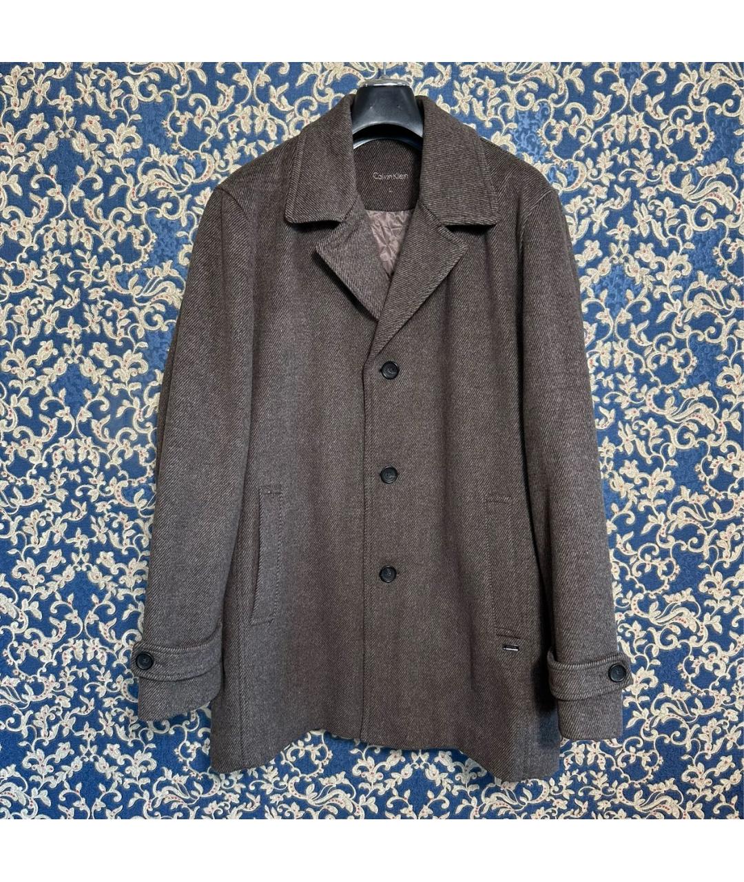 CALVIN KLEIN Коричневое шерстяное пальто, фото 8
