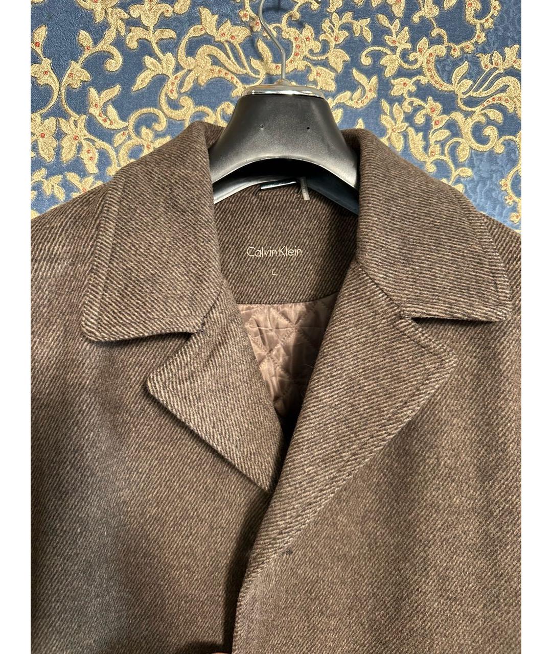 CALVIN KLEIN Коричневое шерстяное пальто, фото 2