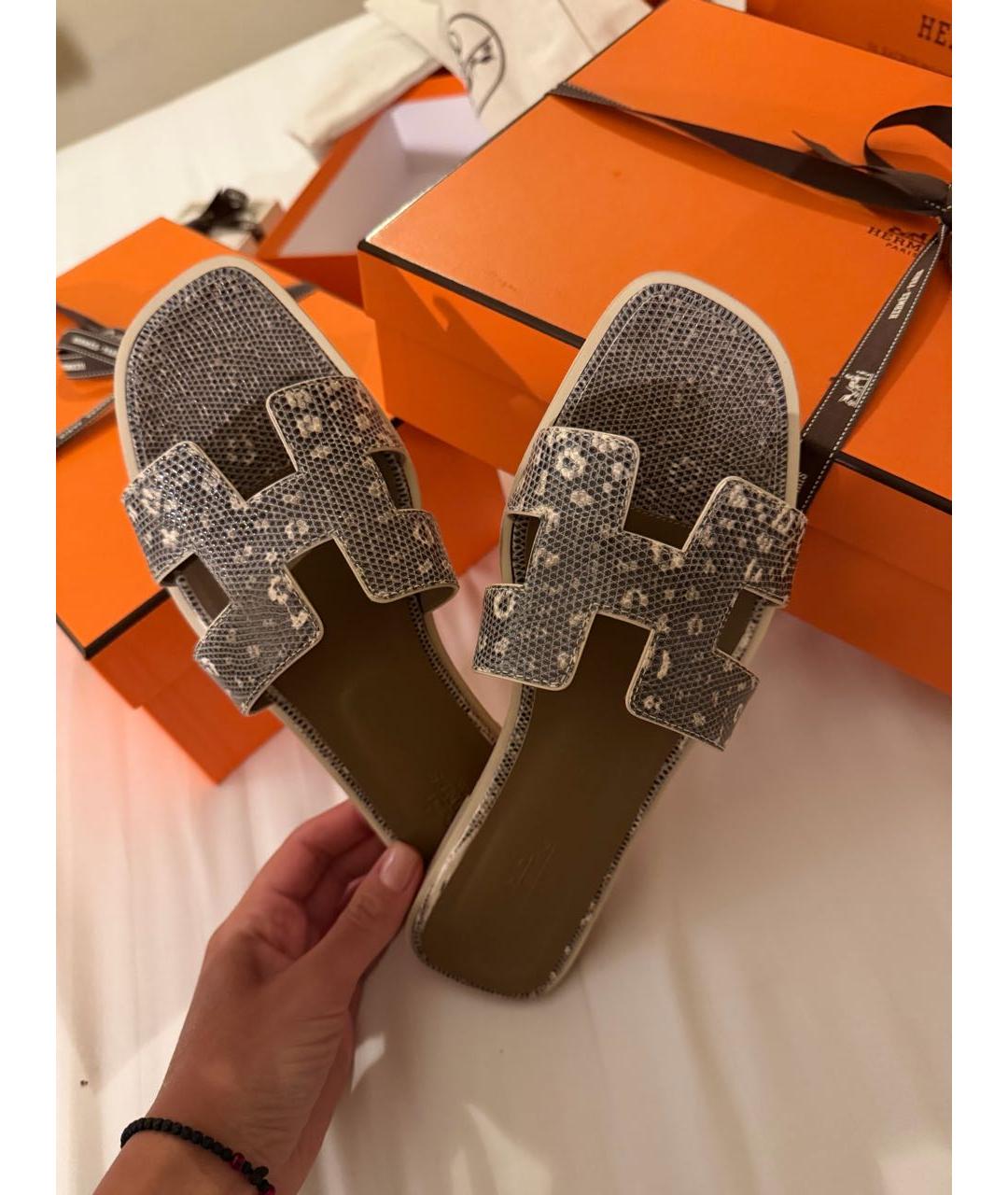 HERMES Антрацитовые шлепанцы из экзотической кожи, фото 7