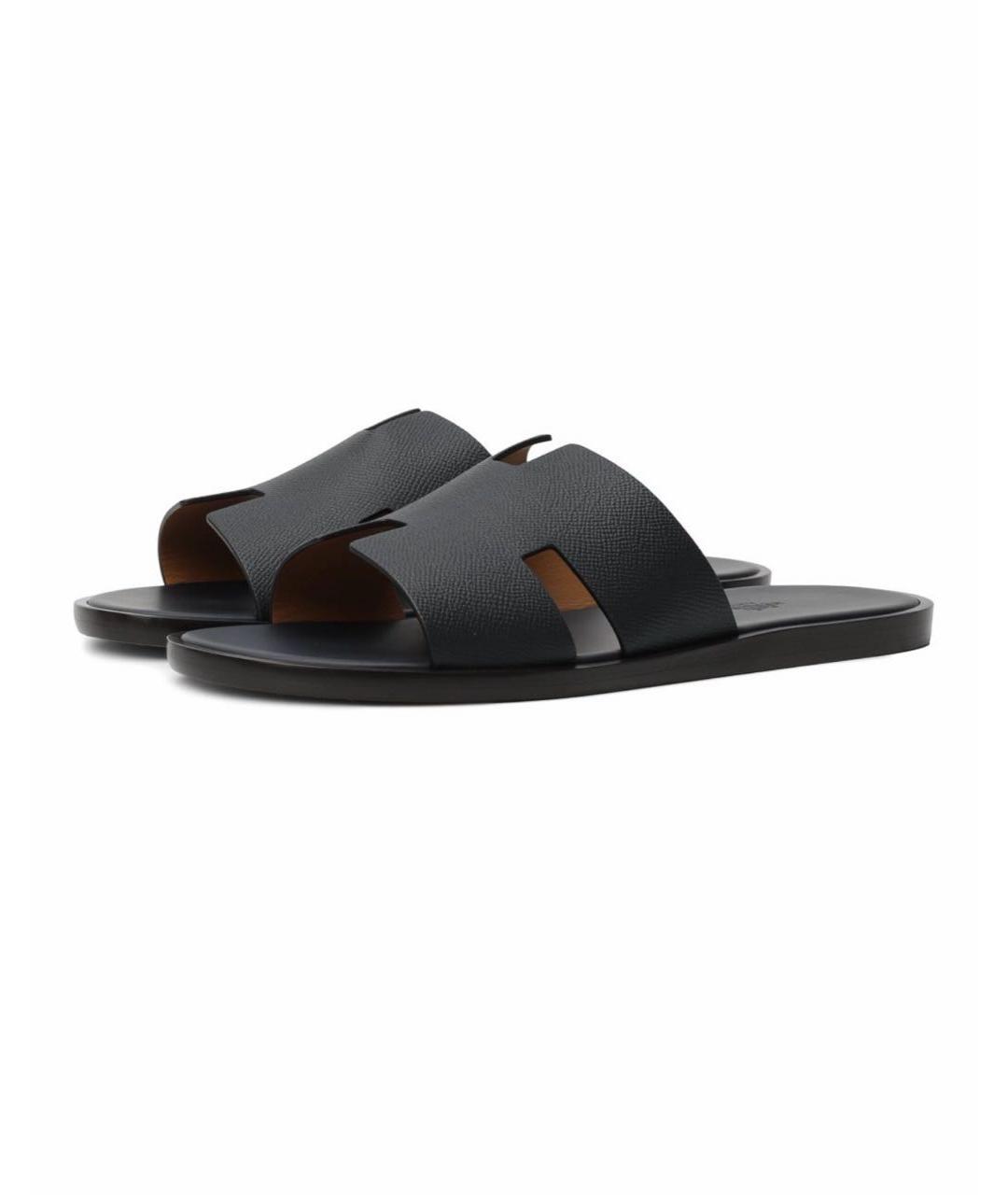 HERMES Темно-синие кожаные шлепанцы, фото 4